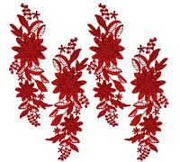 CABODYALS 2 Pairs 4Pcs Red Embroidery 3D Flower Lace Applique Vintage Embroidered Appliques Sew On Soild Floral Polyester Patches for Sewing Making Clothing Accessories Dresses Wedding Decor Diy Craft