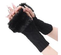 CABODYALS 2 Pairs Black Fur Fingerless Gloves Fluffy Gloves Winter Knit Soft Arm Warmers Thumb Hole Gloves with Faux Fur Hand Wrist Knitted Warmer Mittens for Women Typing Driving Halloween