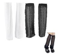 CABODYALS 2 Pairs Black White Knee High Mesh Sock Summer Long Thin Floral Lace Hollow Out Calf Sheer Leg Warmer Sleeve Loose Fishnet Boots Cover Stockings Footless Socks for Women Ladies Dresses