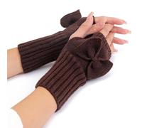 CABODYALS 2 Pairs Brown Knit Fingerless Gloves Winter Crochet Arm Warmers Sleeves Bowknot Soft Thumb Hole Gloves Knitted Hand Wrist Mitten Bulk for Women Writing Driving Texting Supply