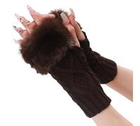 CABODYALS 2 Pairs Brown Knit Fingerless Gloves Winter Crochet Coffee Furry Arm Warm Sleeves Soft Knitting Thumb Hole Faux Fur Hand Wrist Warmer Mittens for Women Typing Driving Outings