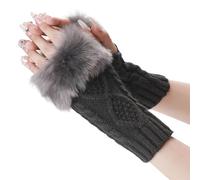 CABODYALS 2 Pairs Dark Grey Fingerless Gloves Cable Knit Arm Warmers Bulk Winter Soft Thumb Hole Gloves with Faux Fur Knitted Hand Wrist Warmer Mittens for Women Unisex Typing Driving