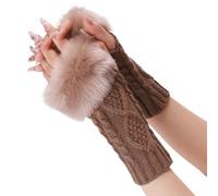 CABODYALS 2 Pairs Furry Arm Warmers Fingerless Gloves Soft Fluffy Knitted Khaki Thumb Holes Gloves Winter Crochet Faux Fur Knitting Wrist Mittens Arm Sleeves for Women Writing Painting Typing