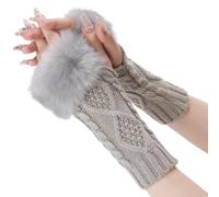 CABODYALS 2 Pairs Furry Fingerless Mittens Light Grey Soft Knit Gloves Thumb Hole Knitting Arm Warmers Winter Crochet Faux Fur Wrist Sleeves for Women Writing Painting Outings Driving