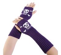 CABODYALS 2 Pairs Purple Skeleton Gloves Fingerless Goth Halloween Skull Print Soft Hand Wrist Warmer Thumb Hole Cool Gothic Knit Gloves Mittens for Women Unisex Typing Driving Decorations