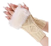 CABODYALS 2 Pairs White Furry Fingerless Gloves Soft Fluffy Knitting Thumb Hole Gloves Beige Winter Crochet Arm Warmers Sleeves Faux Fur Wrist Mittens for Women Painting Photographing Typing