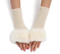 CABODYALS 2 Pairs White Furry Fingerless Gloves Soft Fluffy Thumb Hole Beige Knit Gloves Winter Crochet Arm Warmers Sleeves Faux Fur Knitting Wrist Mittens for Women Writing Driving Painting