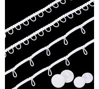 CABODYALS 2 Pcs 8.23M White Elastic Braid Fringe Tassel Buttonhole Loops Trim Ribbon with 40Pcs Cloth Fabric Covered Buttons for Sewing Making Bridal Wedding Dress Clothes Decor Diy Craft Supply