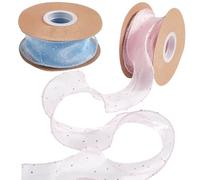 CABODYALS 2 Roll 18.29M 2 Inch Sheer Organza Wired Ribbon Transparent Pink Blue Rhinestone Fishtail Glitter Mesh Yarn Iridescent Ribbons Bulk for Sewing Making Crafts Gift Wrapping Wreath Diy Supply