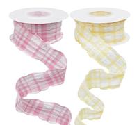 CABODYALS 2 Rolls 18.29M 40mm Pink Plaid Ribbon Yellow Gingham Double Ruffle Edge Trim Pleated Pastel Chiffon Buffalo Checkered Fabric Ribbons for Sewing Making Bows Bouquets Gift Wrapping Diy Craft