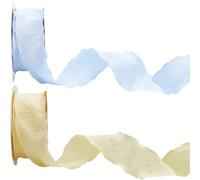 CABODYALS 2 Rolls 18.29M 40mm Yellow Ruffle Edge Ribbon Blue Double Ruffled Pleated Chiffon Fabric Wrinkled Trim Polyester Gathered Ribbons for Sewing Making Crafts Gift Wrapping Wedding Bouquets Diy