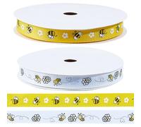 CABODYALS 2 Rolls 18M 10mm Yellow White Bee Ribbon Thin Honeybee Flower Grosgrain Fabric Bumble Bees Spring Floral Animal Print Garden Ribbons for Sewing Making Bows Gift Wrapping Bouquet Decor Craft