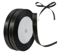 CABODYALS 2 Rolls 44M 10mm Polyester Black Ribbon with Gold Edge Border Satin Thin Soft Silk Fabric Ribbons Trim Bulk for Sewing Making Crafts Gift Wrapping Home Decor Flower Bouquets Wreaths