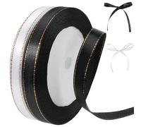 CABODYALS 2 Rolls 44M 10mm White Black Satin Ribbon with Gold Trim Thin Glitter Golden Border Edges Satin Fabric Polyester Ribbons Bulk for Sewing Making Craft Gift Wrapping Wreaths Wedding Decor Diy