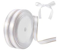 CABODYALS 2 Rolls 44M White Satin Ribbon with Gold Edge Border Thin Soft Silk Fabric Polyester Grosgrain Double Edging Trim Bulk for Sewing Making Bow Diy Craft Gift Wrapping Wreath Home Decor Bouquet