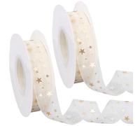 CABODYALS 2 Rolls 45.72M 20mm Gold Star Print Organza Sheer Ribbon Glitter 3D Stars Pattern Transparent Trim Chiffon Fabric Snow Yarn Ribbons for Sewing Making Bows Gift Wrapping Dress Decor Diy Craft