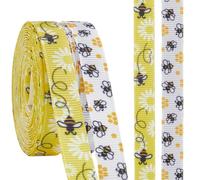 CABODYALS 2 Rolls 9.14M Yellow White Bumble Bee Printed Ribbon Floral Pattern Grosgrain Trim Decorative Spring Summer Theme Thin Fabric for Sewing Making Party Decor Bows Gift Wrapping Diy Crafts