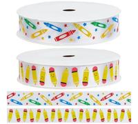 CABODYALS 2 Styles 18M 16mm Back to School Themed Pencil Crayon Partern Teacher Grosgrain Ribbon Single Face Ribbons for Sewing Making Gift Wrapping Classroom Bouquet Wreaths Crafts Supply