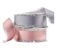 CABODYALS 25.4mm 18.29M 2 Rolls Silver Edge Frayed Ribbon Grosgrain Metallic Fringe Tassel Fabric Gray Pink Polyester Ribbons for Sewing Gift Flower Bouquet Wrapping Craft Decorion Diy Supplies