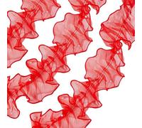CABODYALS 2M Red Chiffon Ruffles Ribbons White Imitation Pearls Ribbon Faux Pearl Pleated Romantic Valentines Polyester Trim for Sewing Making Wedding Valentine Decor Gift Wrapping Crafts Supply