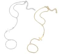 CABODYALS 2Pcs 2 Colors Silver Golden Finger Ring Bracelets Cross Chain Link Hand Jewellery Rings Vintage Boho Tassel Stainless Steel Bracelet for Women Sumeer Beach Party Decoration Accessories Gifts