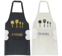 CABODYALS 2Pcs 2 Colours Black White Cooking Apron with 2 Pockets Plastic Cute Waterproof Hand Wipe Home Chef Kitchen Print Bib Aprons Set for Women Men Gardening Baking Dishwashing Barbecue