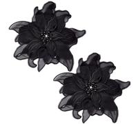 CABODYALS 2Pcs 3D Floral Embroidery Applique Black Polyester Lace Flower Appliques Rhinestone Crystal Pearl Bead Sew on Tulle Patches for Sewing Making Clothes Dress Costumes Shirt Skirts Supplies