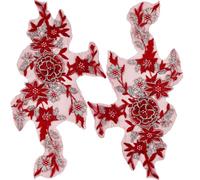 CABODYALS 2Pcs 3D Floral Embroidery Applique Pearl Lace Beaded Embroidered Appliques Dark Red Polyester Sequin Flower Sew on Tulle Patches for Sewing Making Dress Gown Wedding Bridal Bag Supplies