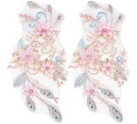 CABODYALS 2Pcs 3D Floral Embroidery Applique Rhinestone Embroidered Beaded Sequin Lace Appliques Polyester Pink Flower Sew on Tulle Patches for Sewing Making Clothes Dresses Wedding Craft SupplIES