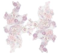 CABODYALS 2Pcs 3D Floral Sequin Applique Pearl Beaded Embroidered Lace Appliques Pink Polyester Embroidery Lace Flower Sew on Tulle Patches for Sewing Making Dresses Clothes Gown Diy Supplies