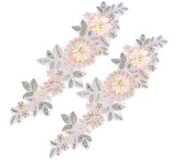 CABODYALS 2Pcs 3D Floral Sequin Applique Polyester Embroidery Lace Flower Patches Pink Beaded Lace Embroidered Sew on Tulle Appliques for Sewing Making Dress Gowns Clothes Embellishment Supplies