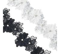 CABODYALS 2Pcs Black White Double Deck Ribbon 3d Floral Embroidered Imitation Pearls Lace Ribbons Faux Pearl Flower Embroidery Trim for Sewing Making Clothing Wedding Valentines Decor Diy Craft
