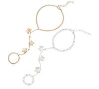 CABODYALS 2Pcs Silver Gold Butterfly Finger Ring Hand Chain Summer Boho Dainty Alloy Adjustable Link Stack Chains Bracelet Trendy Jewellery Set for Women Costumes Party Bridal Wedding Accessories