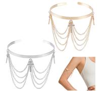 CABODYALS 2Pcs Silver Gold Cross Tassel Cuff Bracelet Upper Arm Rhinestone Layered Chain Bangle Bracelets Glitter Shining Summer Beach Metal Arm Jewellery for Women Party Dresses Costume Clubs Decor
