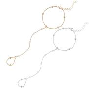 CABODYALS 2Pcs Silver Gold Pearl Finger Ring Bracelet Summer Boho Dainty Alloy Adjustable Beaded Link Hand Chain Bracelets Trendy Jewellery Set for Women Costumes Party Bridal Wedding Accessories