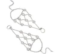 CABODYALS 2Pcs Silver Resin Rhinestone Hand Chain Finger Ring Flower Pattern Crystal Link Hands Tassel Jewellery Mitten Sparkle Summer Bracelets for Women Party Cosplay Costume Wedding Gift Accessory