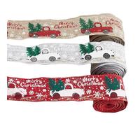 CABODYALS 3 Rolls 16 Yards 55mm Christmas Ribbon Wired Merry Christmas Tree Snowflakes Truck Print Ribbon Coloful Burlap Linen Ribbons Bulk for Sewing Making Crafts Gift Wrapping Xmas Wreaths Supply