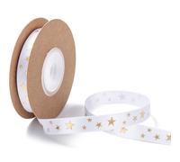 CABODYALS 3 Rolls 27.43M 10mm Star Print Ribbon White Gold Stars Christmas Ribbon Polyester Pentagram Printed Thin Satin Ribbons with Spool for Sewing Making Craft Gift Wrapping Decor Diy Supply