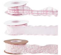 CABODYALS 3 Rolls 3 Style 27M Wide Pink Ruffled Edge Ribbon Pleated Checkered Gathered Trim Gingham Double Ruffle Ribbons for Sewing Making Bow Flower Bouquet Dress Party Decor Gift Wrapping Diy Craft