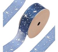 CABODYALS 36.5M 25mm Blue Wrapping Ribbon Sheer Transparent Ribbons Silver Star Organza Stamping Chiffon Silk Ribbon Trim for Sewing Making Craft Gift Wrapping Diy Christmas Dress Decor Supplies