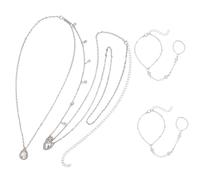 CABODYALS 3Pcs Silver Rhinestone Beaded Finger Ring Hand Link Chain Bracelet Adjustable Summer Boho Sexy Back Body Chains Necklace Bracelets Trendy Jewellery for Women Bridal Wedding Party Accessories