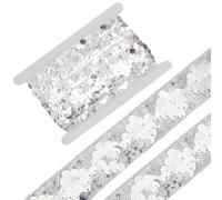 CABODYALS 4.57m 40mm Silver Sequin Embroidered Ribbons Glitter Mesh Strap Round Sequins Embellish White Thread Trims Seam Edge Lace Trim Ribbon for Sewing Making Dresses Belt Diy Craft Supply