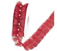 CABODYALS 4.57M 50mm Red Organza Sheer Lace Trim with Faux Pearls Transparent Pleated Ruffles Chiffon Tulle FabricRibbon for Sewing Making Clothes Dress Bags Hats Decoration Diy Crafts Supplies
