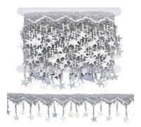 CABODYALS 4.57M Silver Star Trim Sequin Tassel Beaded Glitter Metallic Sparkle Wave Edge Filigree Ribbon Trimming Stars Fringe Lace Ribbons for Sewing Making Belly Dance Clothes Diy Craft Supply