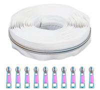 CABODYALS 4.57M White Zipper Tape Rainbow Teeth Nylon Coil Separating Zippers Roll by The Metre with Replacement 10Pcs Colorful Metal Slider Pulls Kit for Sewing Tailor Craft Bags Clothing Jackets