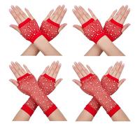 CABODYALS 4 Pairs 2 Styles Red Fishnet Gloves 80s Sheer Mesh Evening Arm Warmers Fingerless Rhinestone Glitter Bling Elastic Rave Gloves Bulk for Women Cosplay Party Halloween Birthday Accessories
