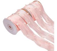 CABODYALS 4 Roll 18M 40mm Pink Organza Ribbon Artificial Pearls Sheer Transparent Lace Shimmer Chiffon Silk Fabric Ribbons with Spool Trim for Gift Wrapping Wedding Invitation Bouquet Christmas Decor