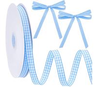 CABODYALS 45.72M 10mm Blue White Plaid Ribbon Thin Checkered Trimming Gingham Polyester Fabric Buffalo Plaid Ribbons Roll for Sewing Making Bows Gift Wrapping Birthday Party Bouquets Decor Diy Craft