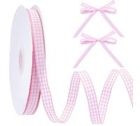 CABODYALS 45.72M 10mm Pink Gingham Ribbon Checkered Tartan Polyester Woven Edge Plaid Buffalo White Thin Embellishments Fabric Ribbons for Sewing Making Bows Gift Wrapping Wedding Decor Diy Crafts