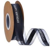CABODYALS 45.72M 25mm Black Happy Birthday Organza Edge Satin Ribbon White Printed Chiffon Sheer Silk Ribbons for Sewing Making Bouquet Gift Package Cake Box Wrapping Party Decoration Craft Supply